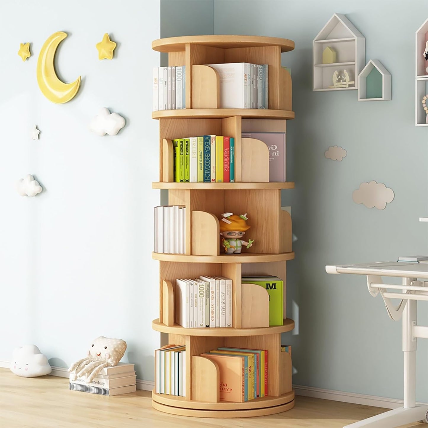 ELZEM 5-Tier Rotating Book Shelf Spinning Bookshelf Tower with Baffle 360° Display Round Rolling Bookshelf Stackable Floor Standing Bookcase Storage Rack for Living Room Study Room Home Office