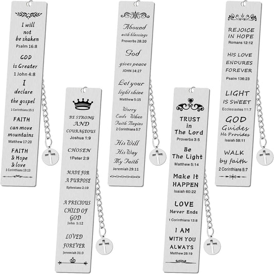 Fainne 5 Pcs Bible Verse Metal Bookmark Christian Gifts for Women Men Baptism Inspirational Religious Bookmarks with Church Cross Chain Scripture for First Communion Book Lovers Christian Gift(Silver)
