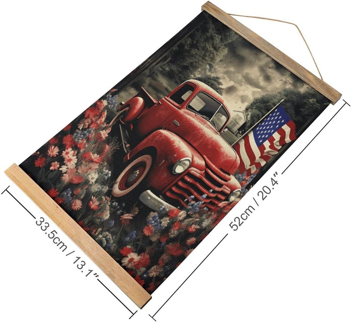 Vintage 4th Of July Patriotic Old Red Truck Poster with Wooden Frame Personalized Linen Hanging Scroll Painting Rustic Wall Hanging Illustrative Modern Artwork Decor for Home Living Room Bedroom Offic