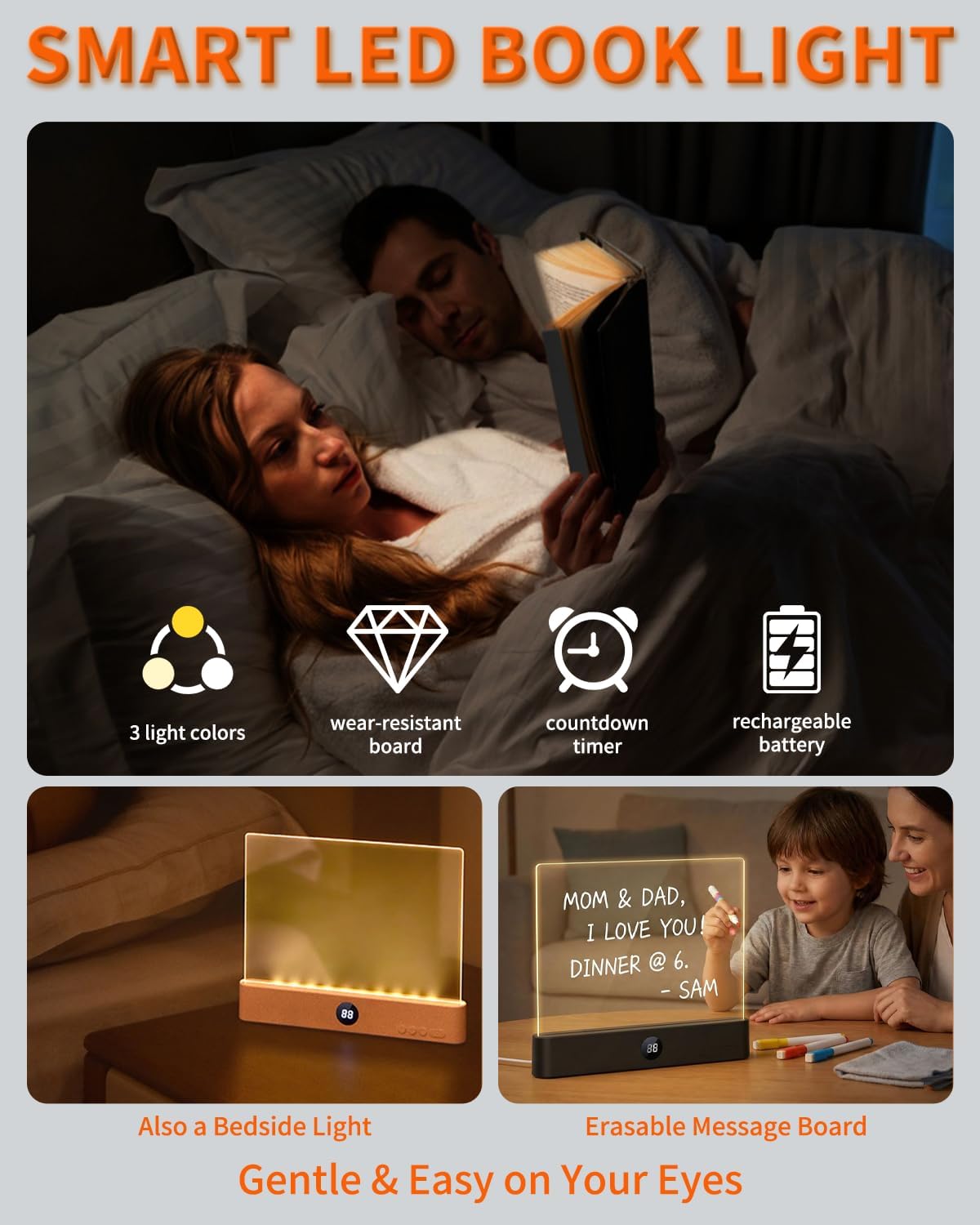 Book Light Rechargeable Clear LED Flat Lights for Reading in Bed at Night Smart Treasure Box with 3 Colors Timer Doodleable Study Lamp Dimmable Panel Plate Full Page Eye Protection Bookish Gift(White)