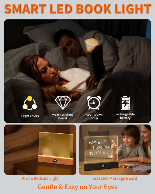 Book Light Rechargeable Clear LED Flat Lights for Reading in Bed at Night Smart Treasure Box with 3 Colors Timer Doodleable Study Lamp Dimmable Panel Plate Full Page Eye Protection Bookish Gift(White)