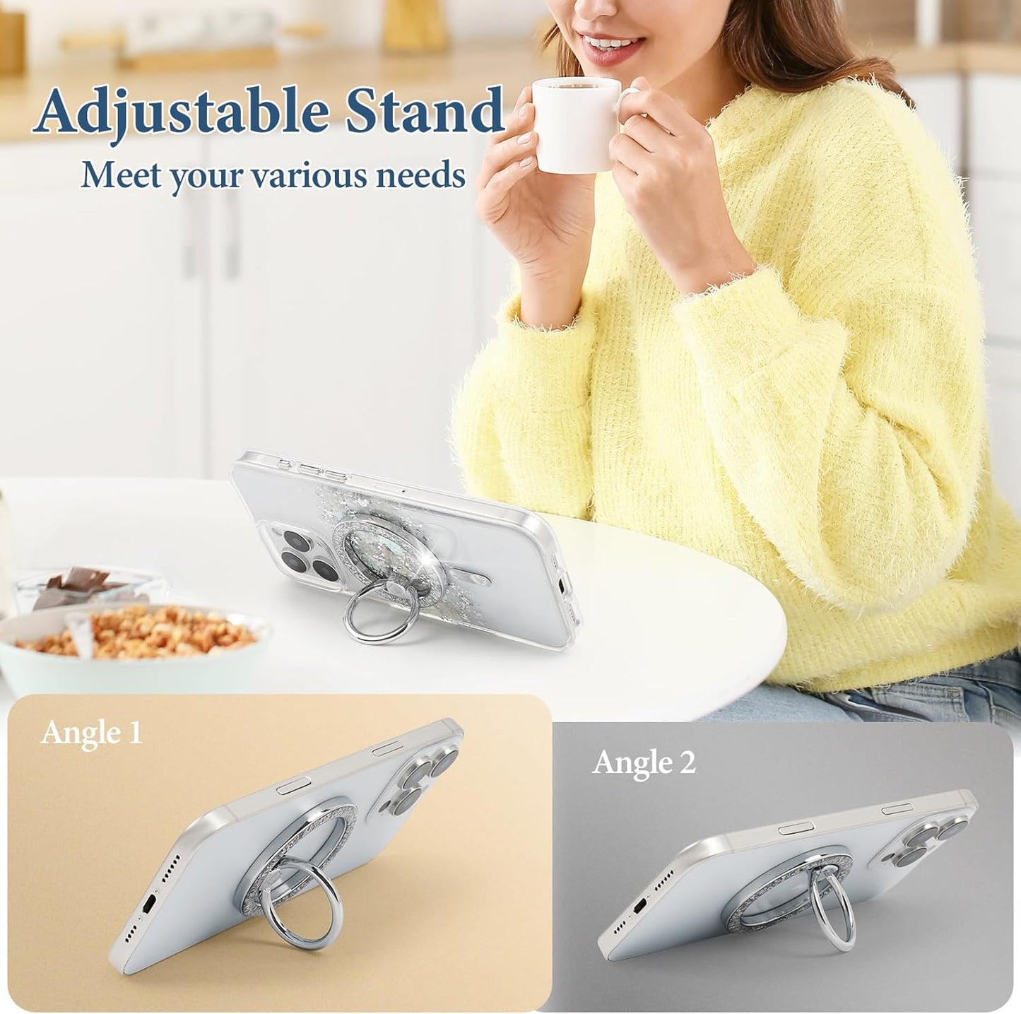 Magnetic Phone Ring for MagSafe Grip [Super Magnet] Stylish Twinkle Ring Holder Stand with, Mag Safe Accessory for iPhone 16/15/14/13 Pro Max Plus, Silver