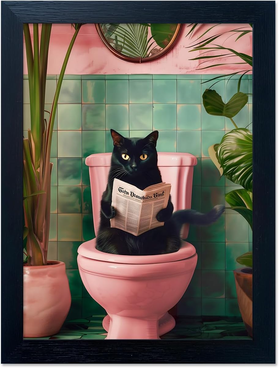 Framed Black Cat Bathroom Decor Pink Trendy Girly Wall Art Funny Cat Reading Toilet Decor Farmhouse Picture Wall Decor
