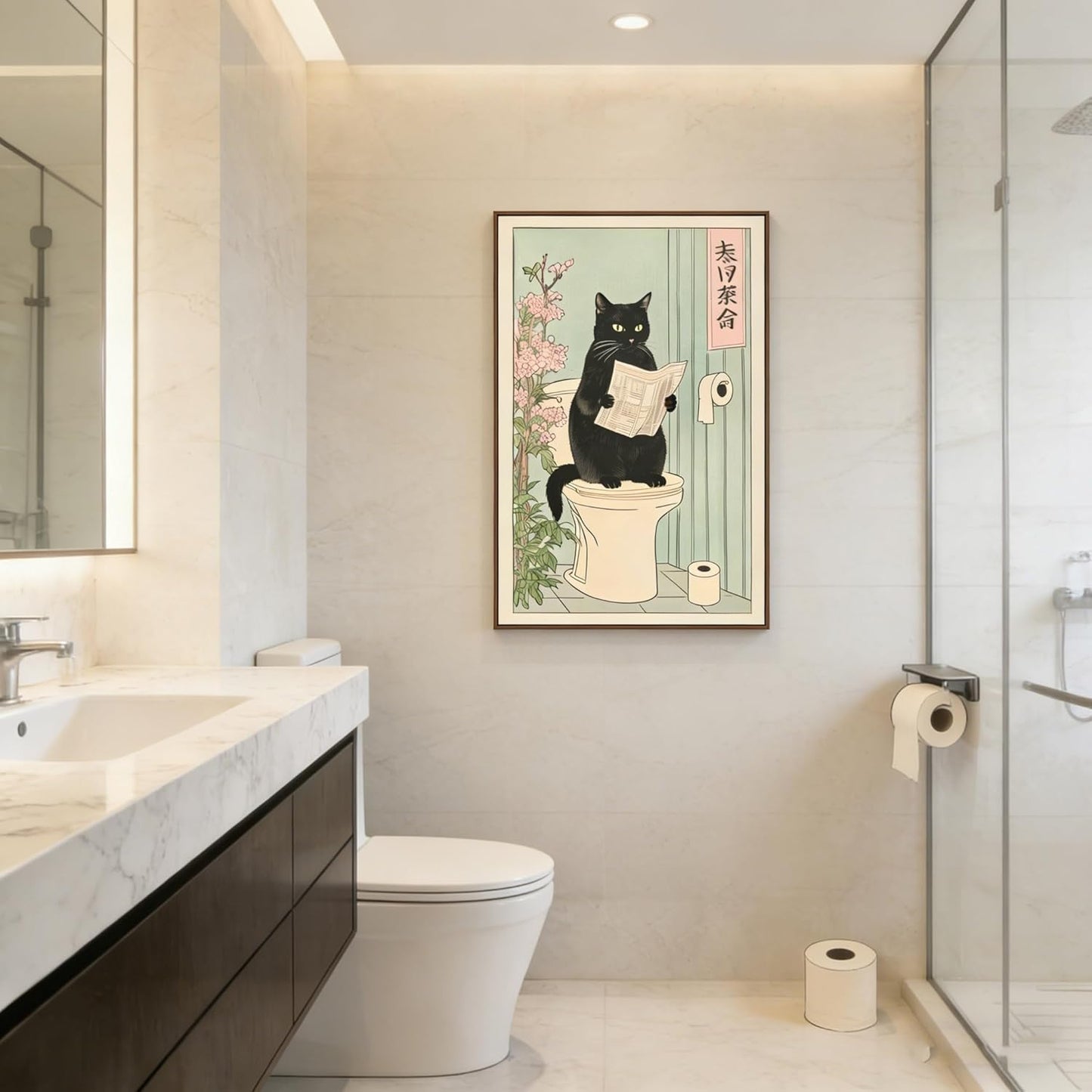 Paivovi Framed Japanese black cat on toilet Canvas Wall Art Funny bathroom print Toilet poster Japanese Cat Wall Decor Pictures Aesthetic Minimalism Artwork Neutral Painting Home Decoration,12x16in