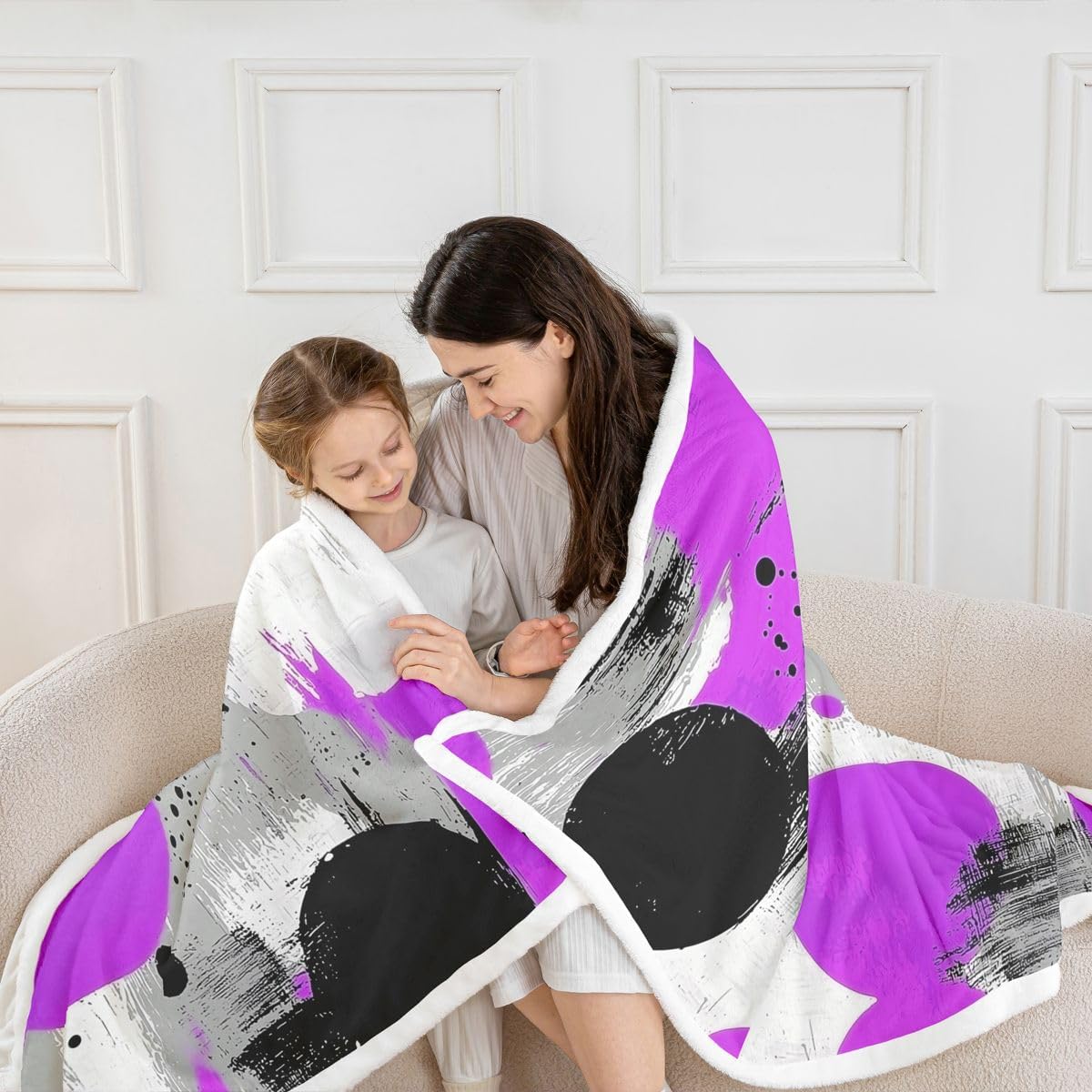 Feelyou Purple Black Circle Sherpa Throw Blanket for Couch Geometric Super Soft Cozy Fleece Modern Abstract Blanket for Winter, Plush Throw Throw 50"x60" All Season