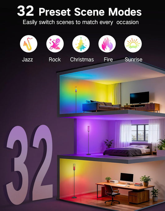 OUTON Corner Floor Lamp with Remote, Touch & App Control, RGB Color Changing Standing Lamp with 32 Modes, 360 Lighting, 3 Color Temperatures, Dimmable 66 in Tall Lamp for Living Room,Black & Glass