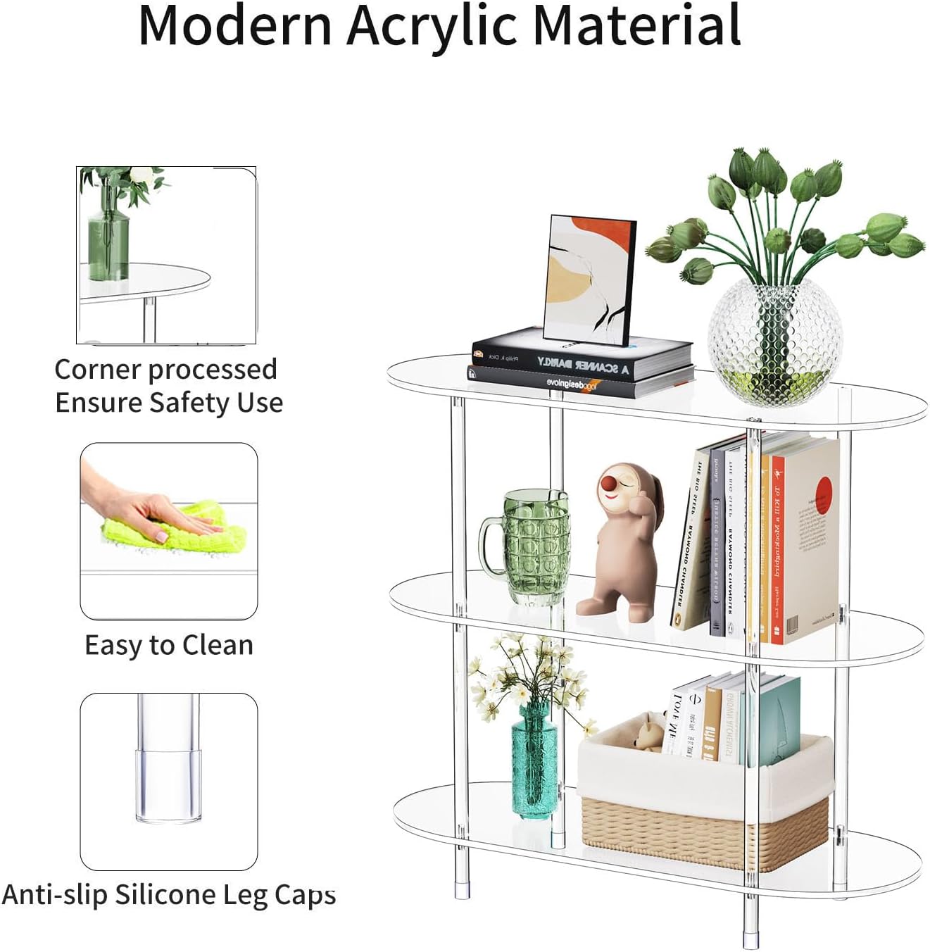 Clear Acrylic Bookshelf, 31.5" L x 11.8" W x 27.7" H, 3 Tier Oval Acrylic Bookcase Table with Open Book Shelf, Modern Storage Organizer Entry Console Table for Entryway Living Room Bedroom