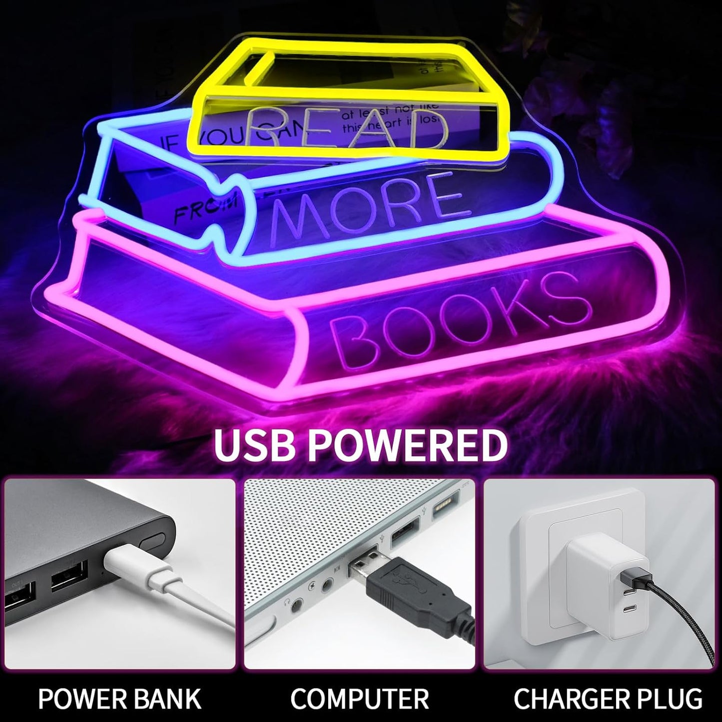 Read More Books Neon Sign for Wall Decor Dimmable Books Led Neon Lights Signs Book Lovers LED Signs for Bedroom Classroom Bookstore Library Club Reading Room Decoration Gifts for Readers
