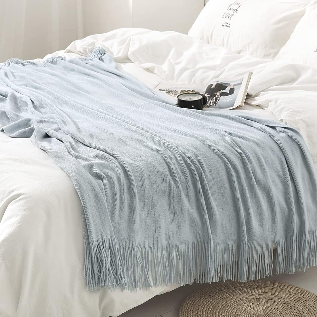 Homiest Decorative Knitted Throw Blanket with Fringe Soft & Cozy Tassel Blanket for Couch Sofa Bed (Baby Blue,50x60)