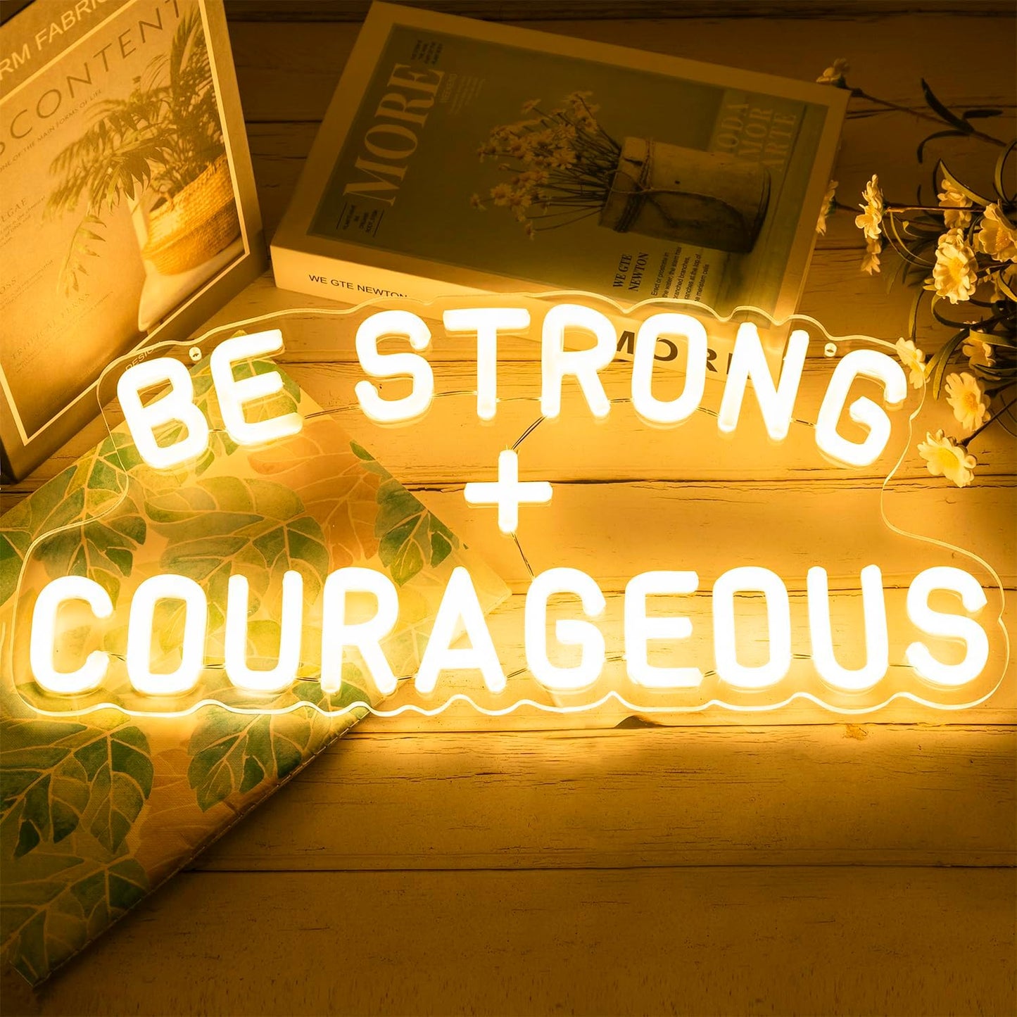 Be Strong and Courageous Neon Sign Dimmable Neon Signs for Wall Decor Positive Affirmations LED Signs USB Light Up Sign for Boy Girl Room Playroom Nursery Wall Decor Bedroom Christian Wall Art