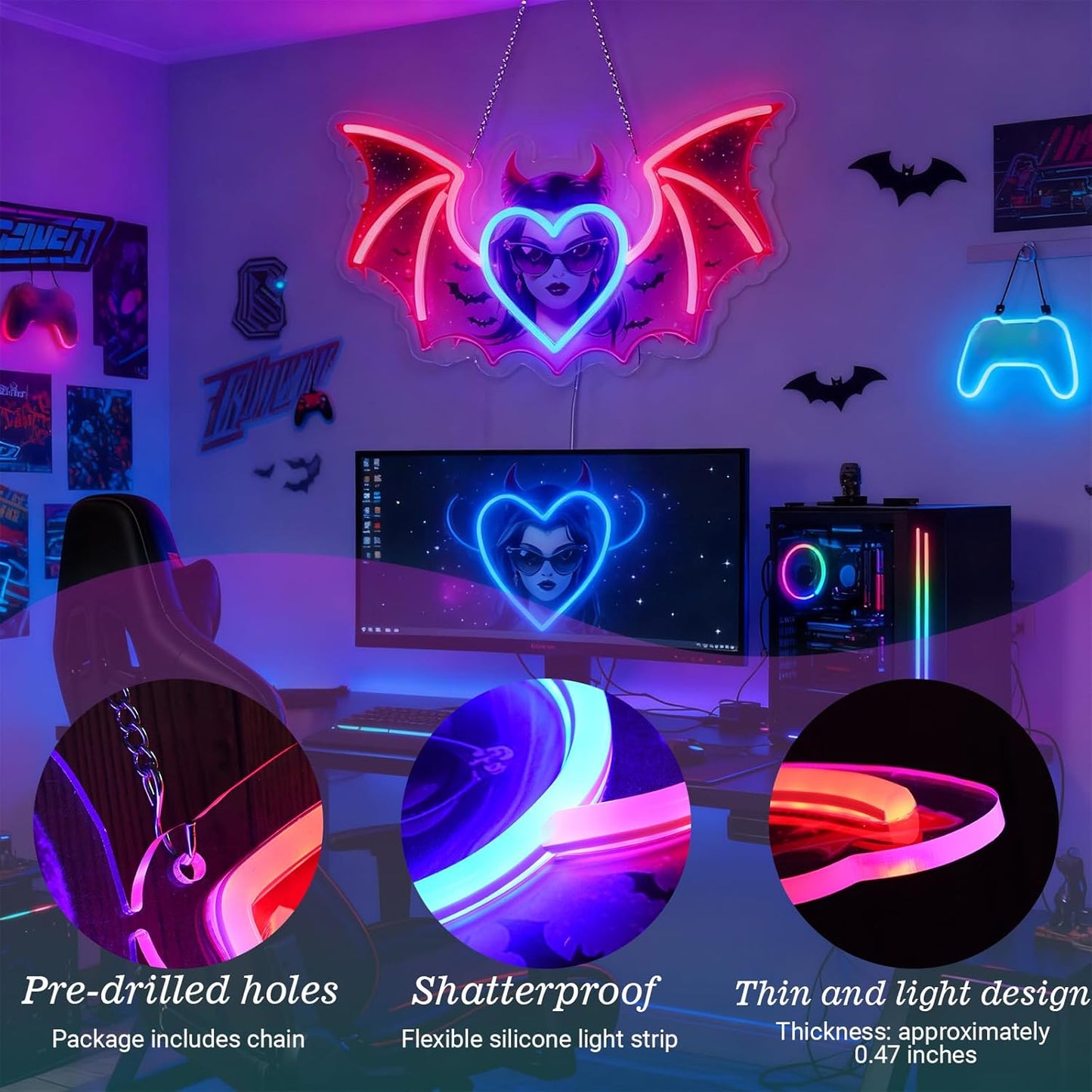 AuraCraft Monst High Neon Sign - 15.7" x 10" Gothic Vampire LED Wall Light, Red/Blue Glow, Dimmable USB Decor - Dark Fantasy Gift for Game Room