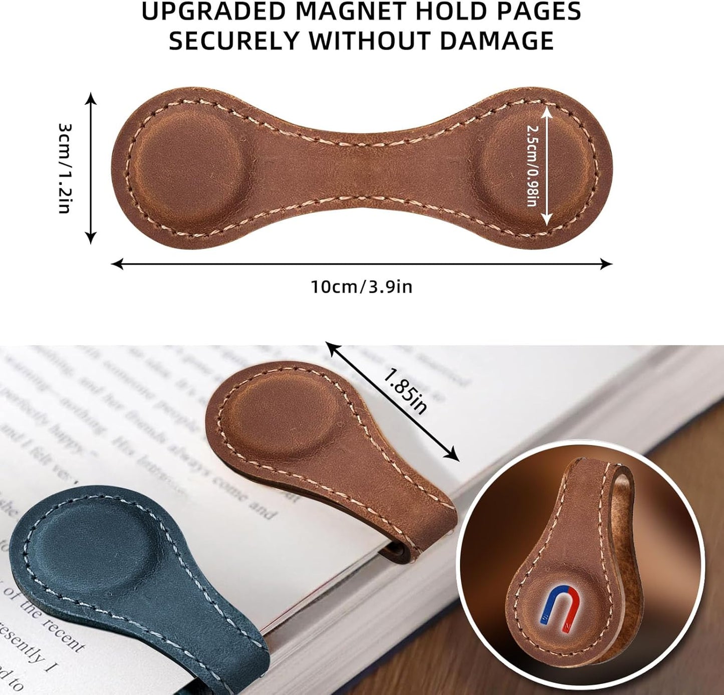 2PCS Magnetic Leather Bookmarks, Best Vintage Book Page Markers Clips Gift for Reading Men Women Teachers Book Lovers, Handmade Real Leather Magnetic Book Marks Set of 2 (Earth Brown+Prussian Blue)