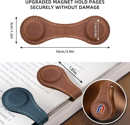 2PCS Magnetic Leather Bookmarks, Best Vintage Book Page Markers Clips Gift for Reading Men Women Teachers Book Lovers, Handmade Real Leather Magnetic Book Marks Set of 2 (Earth Brown+Prussian Blue)