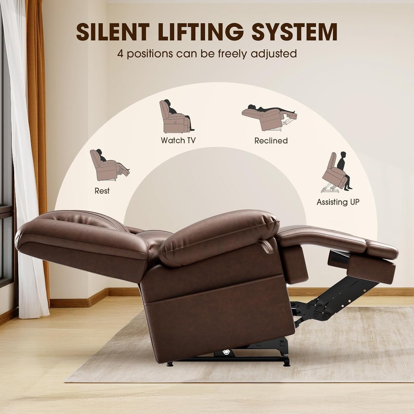 Dual Motor Power Lift Recliner Chair for Elderly, Infinite Position Sofa with Heat and Massage, Breathable Leather High Back Armchair with USB Port & Remote Control, Brown