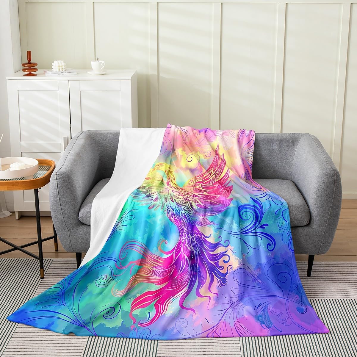 Erosebridal Phoenix Blanket Throw 50X60 Colorful Magic Bird Throw Blanket,Watercolor Tie Dye Fleece Blanket Western Gothic Bohemian Fuzzy Blanket Rainbow Geometric Stripes Bed Blanket
