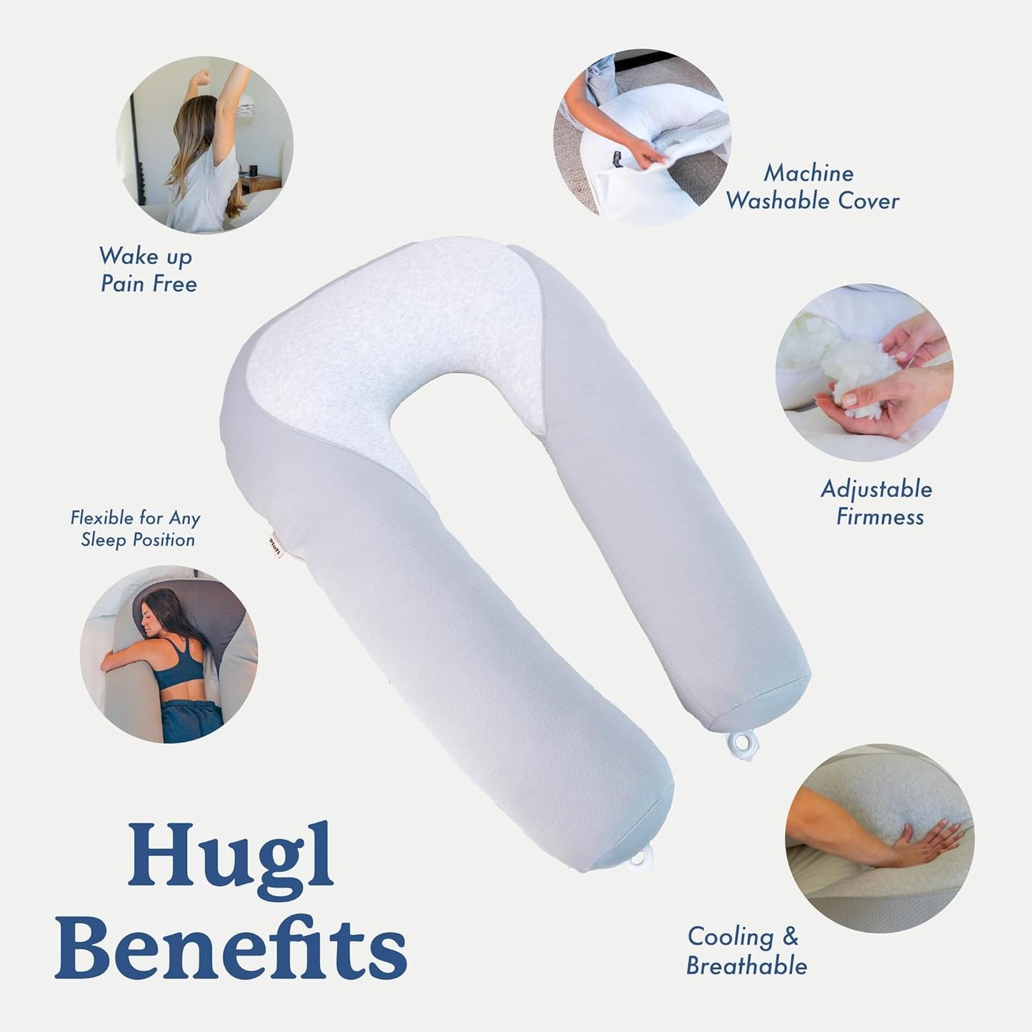 Plufl Hugl Cooling Body Pillow & Breeze Cooling Blanket Set | U-Shaped Memory Foam Pillow for Side Sleepers & Pregnancy | Lightweight Cooling Comforter for Hot Sleepers | Washable Covers | Cool Gray