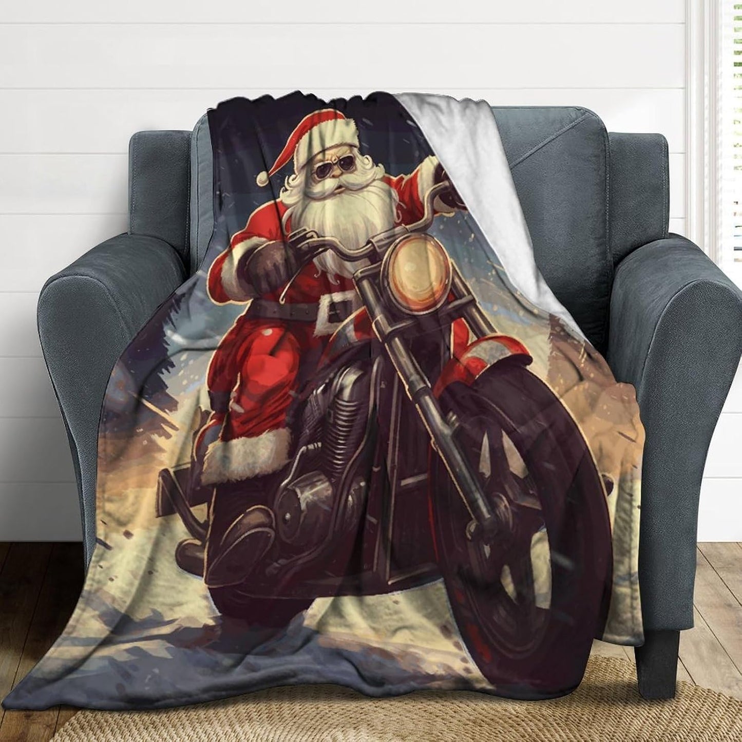 Santa Claus Biker Riding Blanket Super Soft Lightweight Throw Blanket Cute Cozy Warm Bed Blanket Decorative Fuzzy Blanket All-Season Home Decor Gift for Sofa Couch Living Room 30"*40"（76 * 100cm）