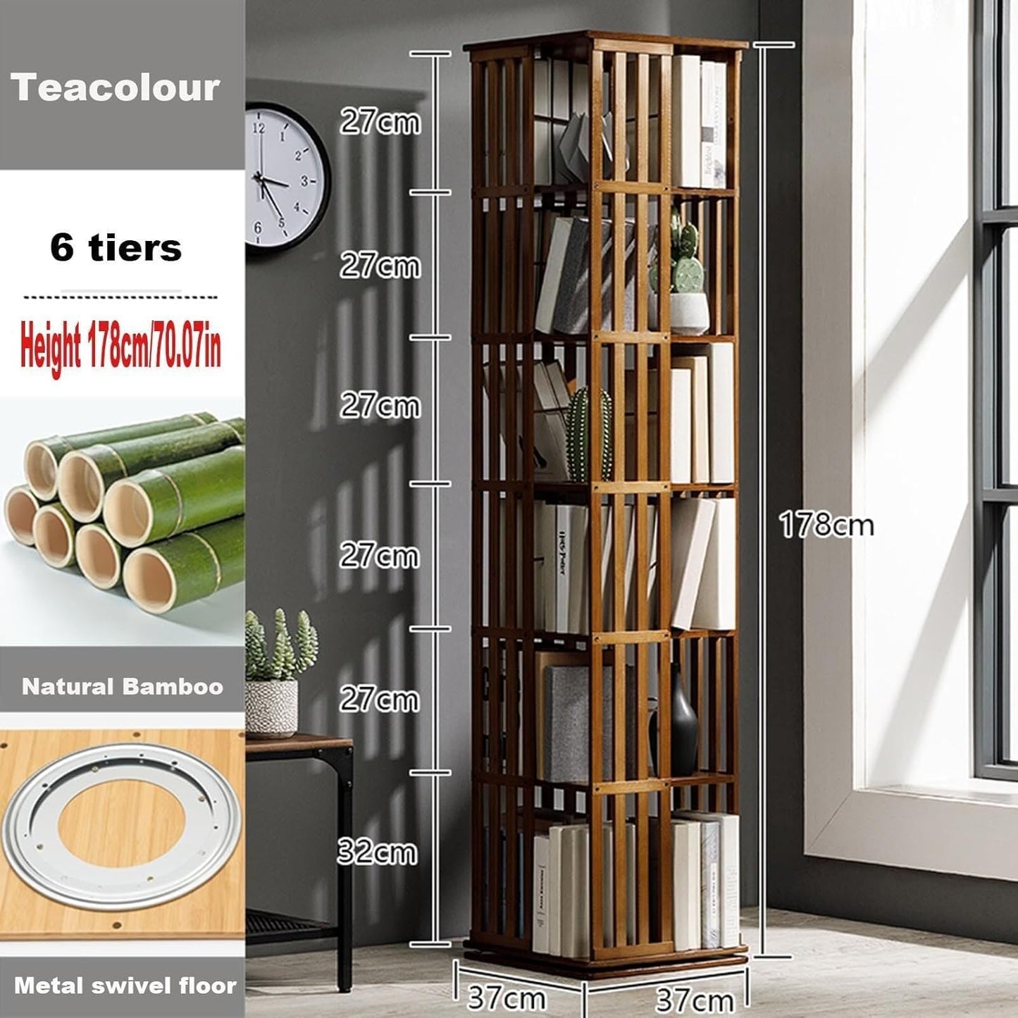 5/6 Tier Bamboo Rotating Bookcase - 360° Bookshelf Tower Organizer, Corner Cabinet for Bedroom, Living Room & Office Storage, Freestanding Book Rack
