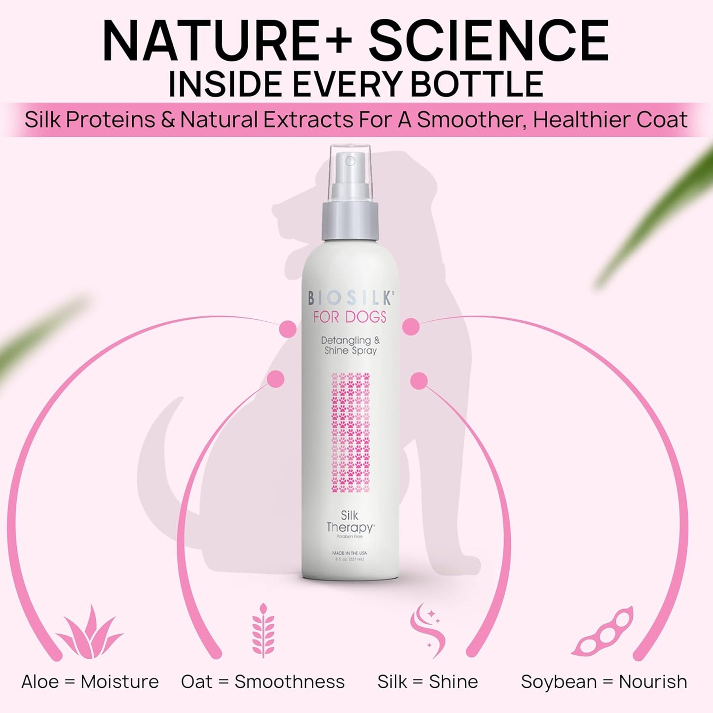 BioSilk for Dogs Detangling Spray with Shine Support, Lightweight Leave In Grooming Mist that Helps Smooth Coats, Detangle, and Add Shine Without Buildup, 8 Fl Oz