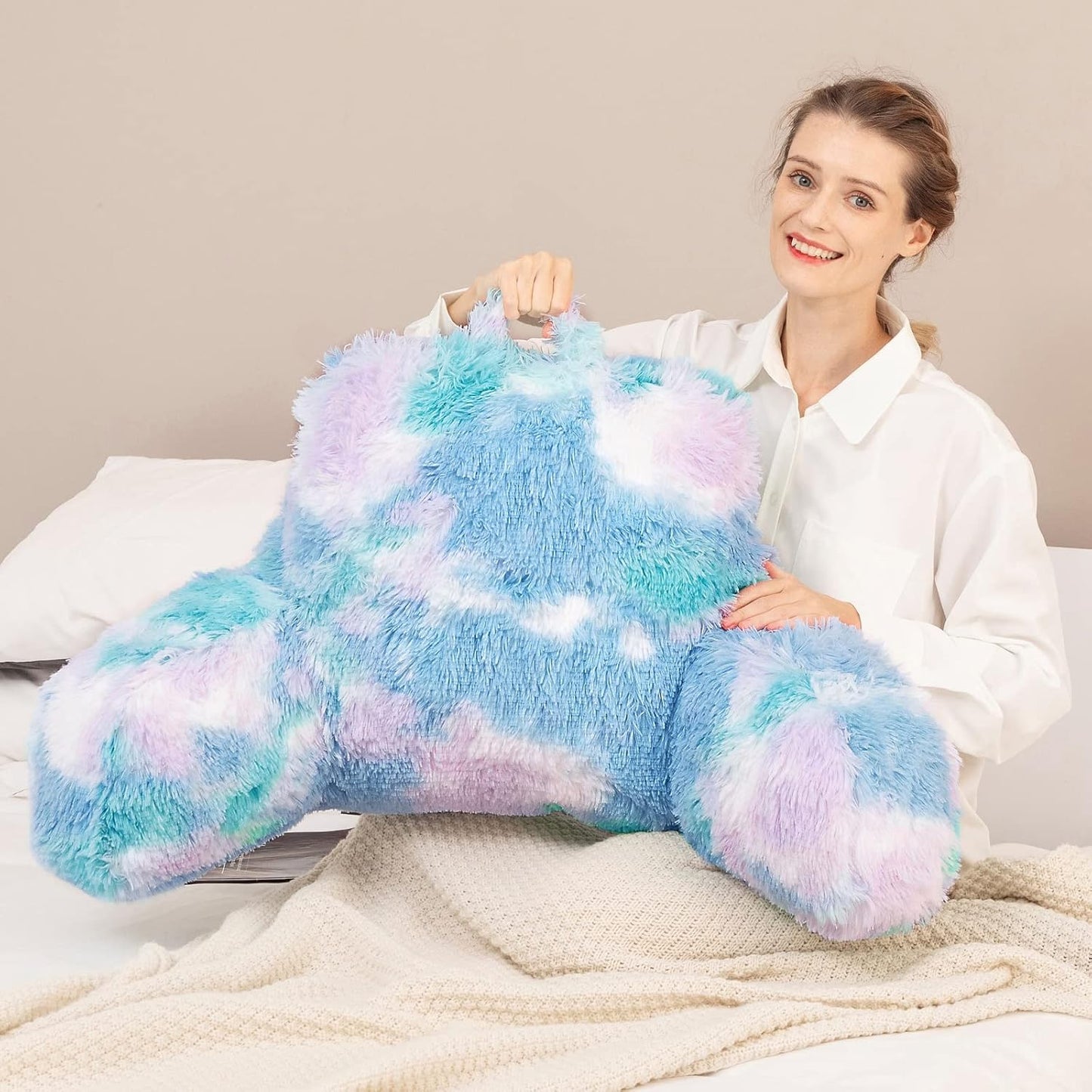 Cozy Fur Backrest Pillow with Arms, 30x17x17 Inch, Premium Filling, Great Back Support Reading Pillow for Kids, Teens & Students, Well Made Bed Pillows for Sitting Up in Bed, Nice Gift