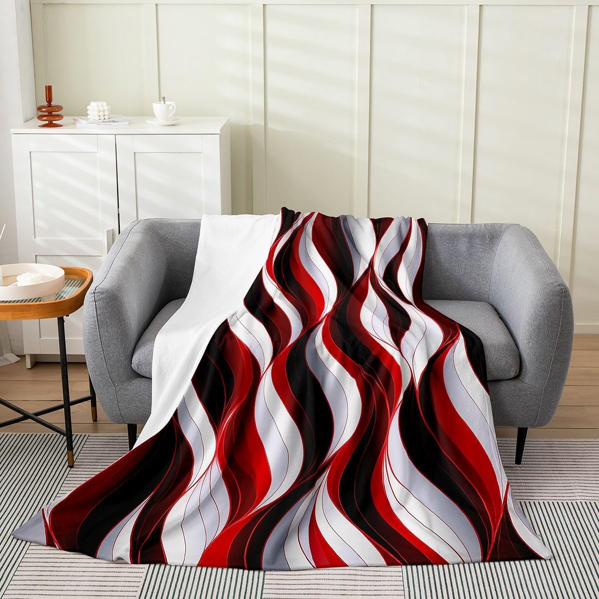 Feelyou Red White Black Stripes Flannel Fleece Throw Blanket,Geometric Bed Blanket Geometric Fuzzy Blanket for Bed Sofa Couch,Bedroom Decor Modern Striped Art Plush Blanket Throw 50"x60"