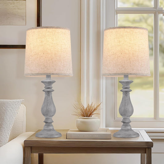 Lamps Set of 2 Vintage Rustic Farmhouse Table Lamps Bedside Reading Lamp Bedroom Nightstand Living Room Teapoy Lamp, Desk Light, 22 Inch High, with Fabric Shade (Grey, 22 Inch High)