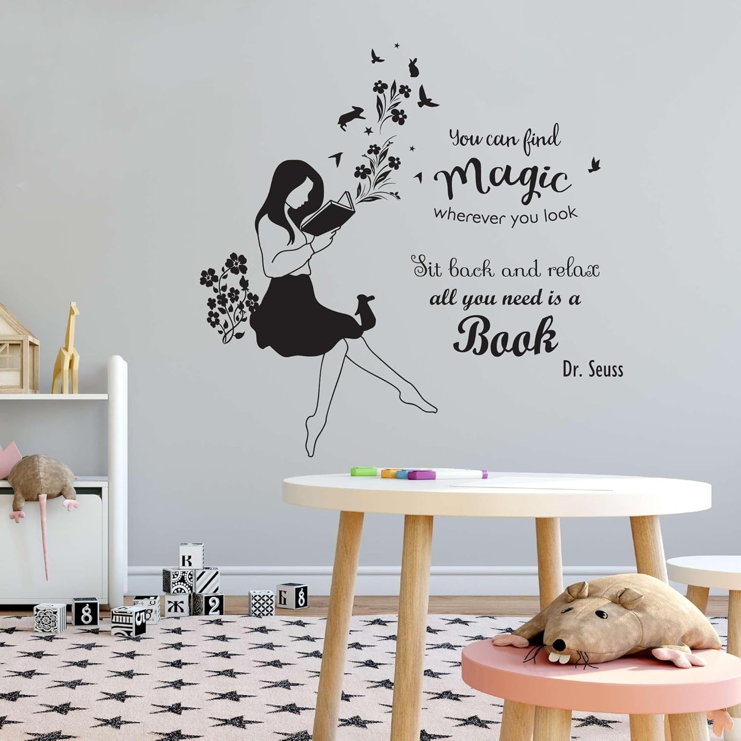 Children Find Magic Wherever You Look Happiness Quote Wall Decal Decoration Book Lover Silhouette Happy Reading Flowers Butterfly Lasts Years and Easily Removable - Size: 20 in(W) x 20 in(H)