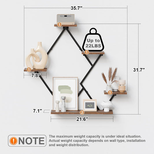 Floating Shelves for Wall, Wall Shelf for Living Room, Bedroom Décor, Large Hanging Shelf for Storage and Display for Books, Plants, Photos, Easy Install (Rustic Brown/Black)