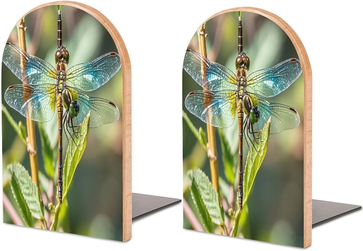 Colorful Dragonfly Bookends 1 Pair Heavy Duty Book Ends for Shelves Non-Skid Bookend Supports Wooden Book Holders with Metal Base Desk Organizers Books Storage to Hold Books