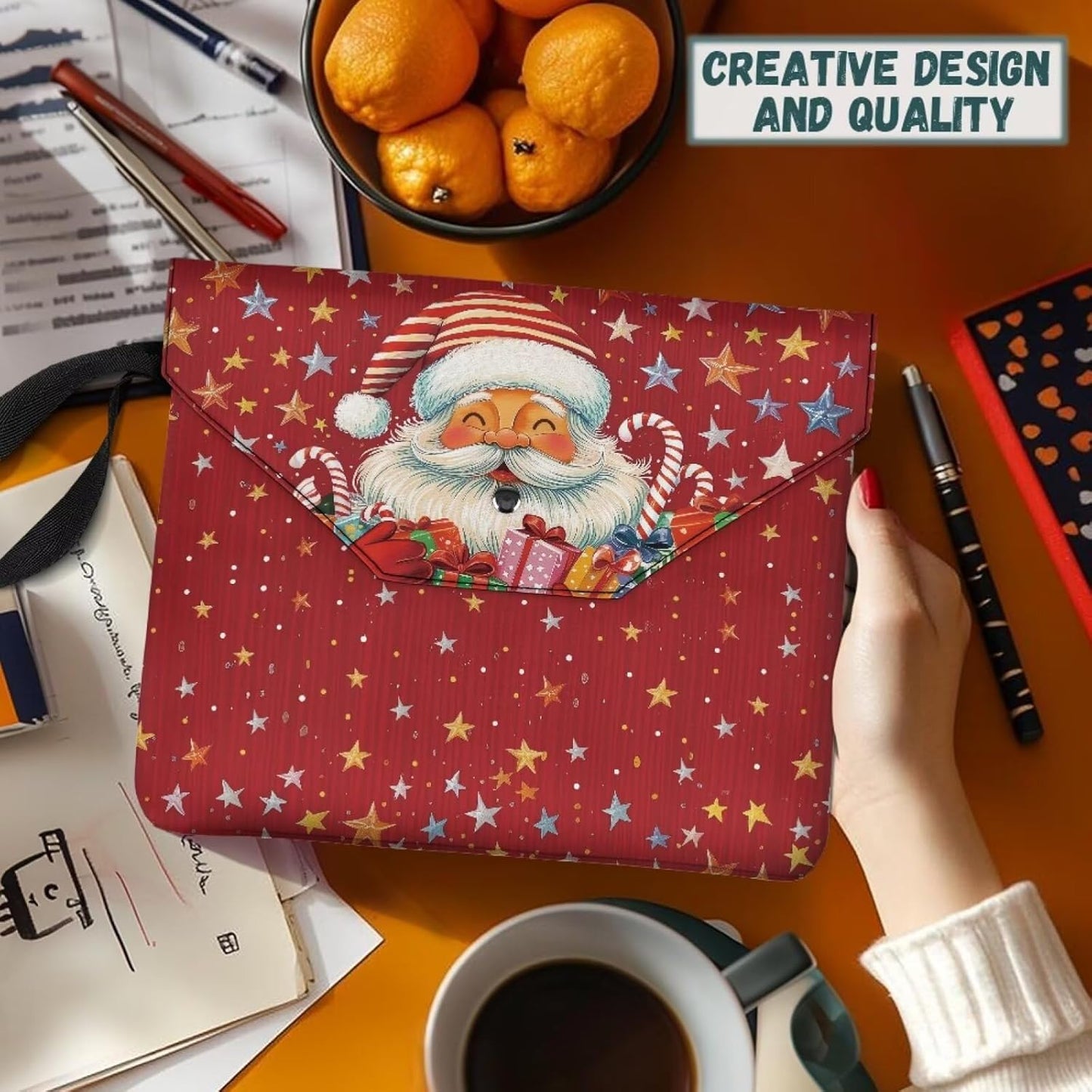 chaqlin Large Book Protector Sleeve for Book Lovers Gifts Happy Christmas Santa Claus Washable Bookcover Pouch with Button and Handle Strap for Women Bookish Bookworm Library Reading Club