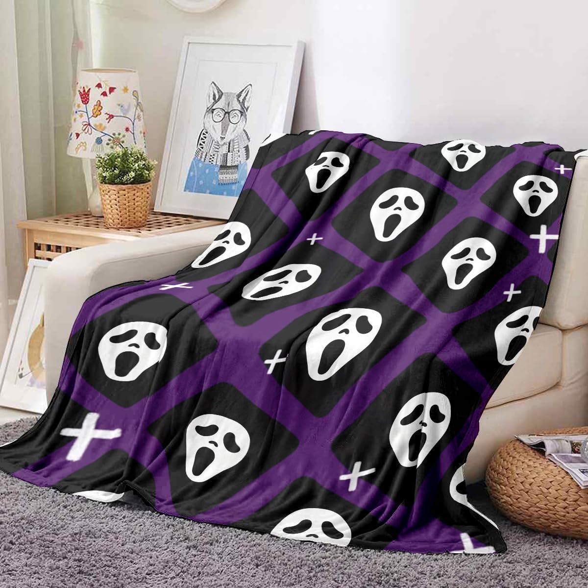 Spooky Face Throw Blanket, Purple and Black, Halloween Ghost Blankets Fuzzy Gifts for Sofa Couch Bedroom (60 x 80 inch)