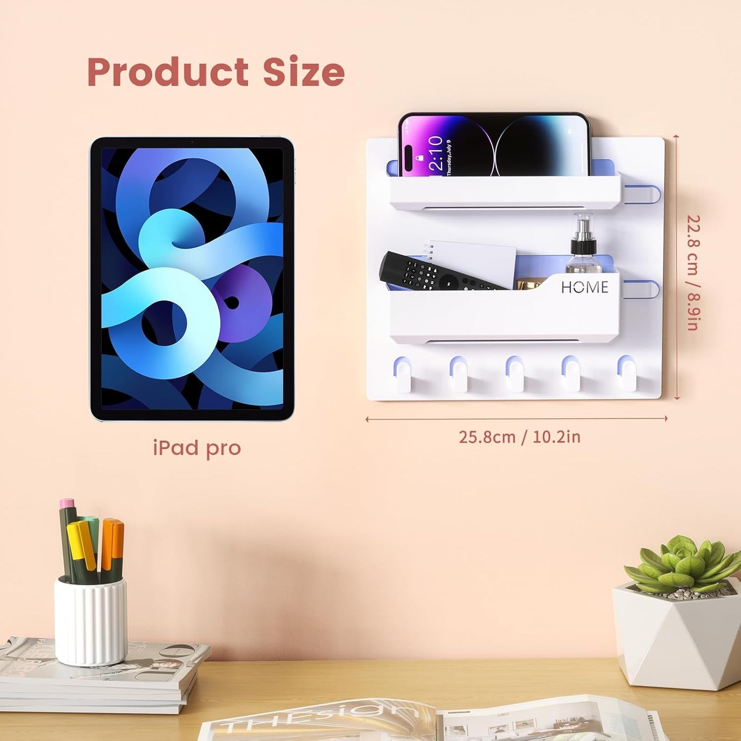 Bedside Shelf Wall Mount, Adhesive Bedside Shelf Accessories Organizer with Hooks and Cable Clips,Dorm Bedside Wall Storage for Phone, Remote, Earphone, Kindle,Plastic (5 Hooks Style)