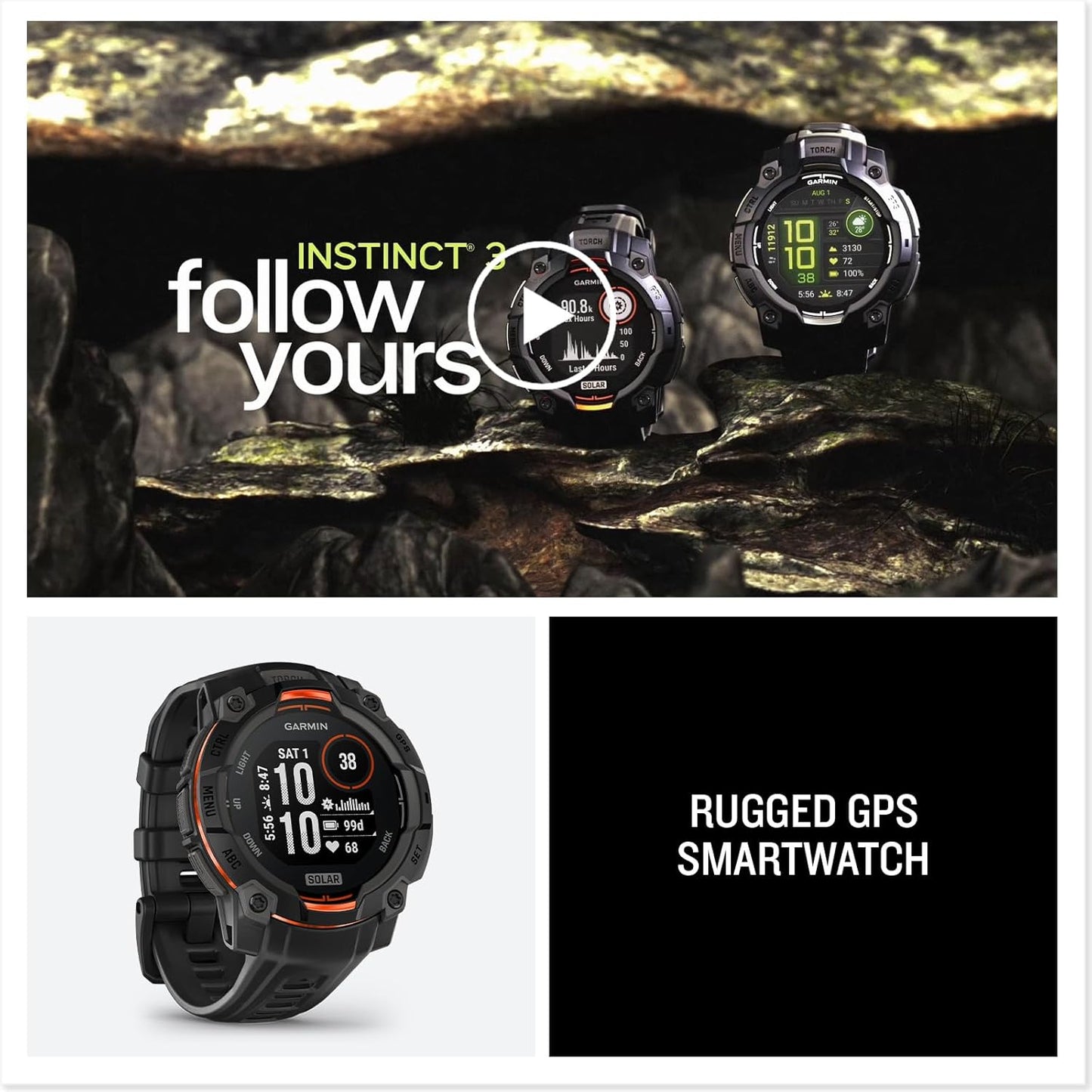 Garmin Instinct® 3 45mm, Solar Charged Display, Rugged Outdoor GPS Smartwatch, Metal-Reinforced Bezel, Built-in Flashlight, Black