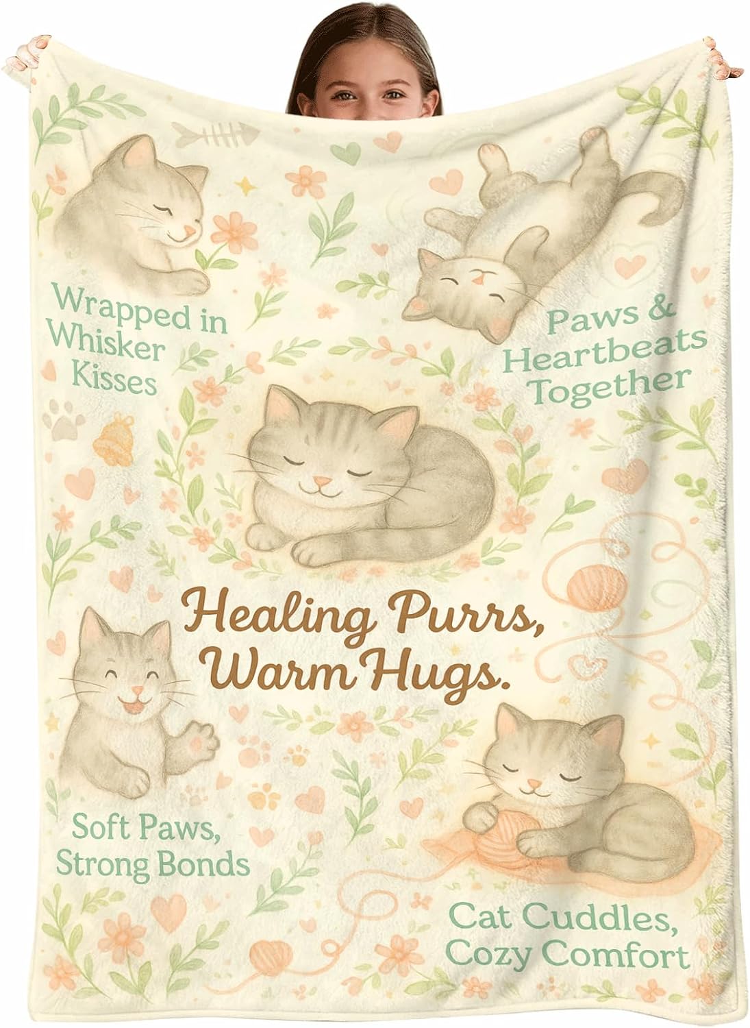 Cat Throw Blanket 50x60, Flannel Fleece Soft Cozy Pastel Watercolor Kittens, Floral Hearts Design, Lightweight Couch/Bed Cover, Gift for Cat Lovers & Women, Machine Washable