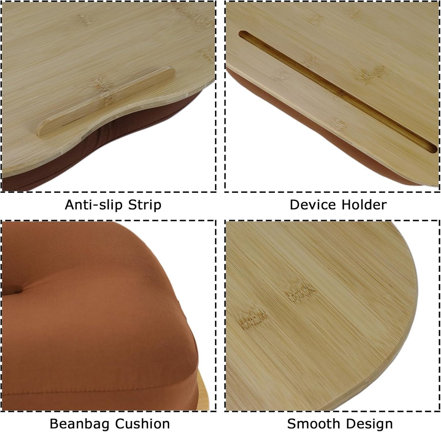 Lap Desk for Laptop with Cushion-Fits up to 15 inch, Bamboo Computer Laptop Stand with Phone Hoder, Anti-Slip Stopper