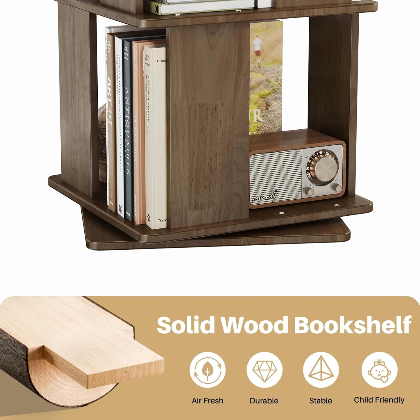 Wooden Rotating Walnut Rectangle Bookshelf Tower - 4 Tier 51“ H Tall Corner Bookshelf for Small Space, 360° Spinning Revolving Solid Wood Modern Bookcase Tower for Living Room, Bedroom, Home Office