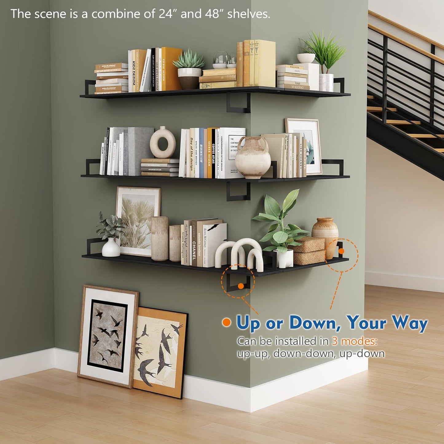 48 Inch Floating Shelves for Wall Set of 3, Long Wall Book Shelves for Bedroom Living Room, Large Vintage Floating Bookshelf for Office Classroom Library Kitchen Closet Organizer (Black)