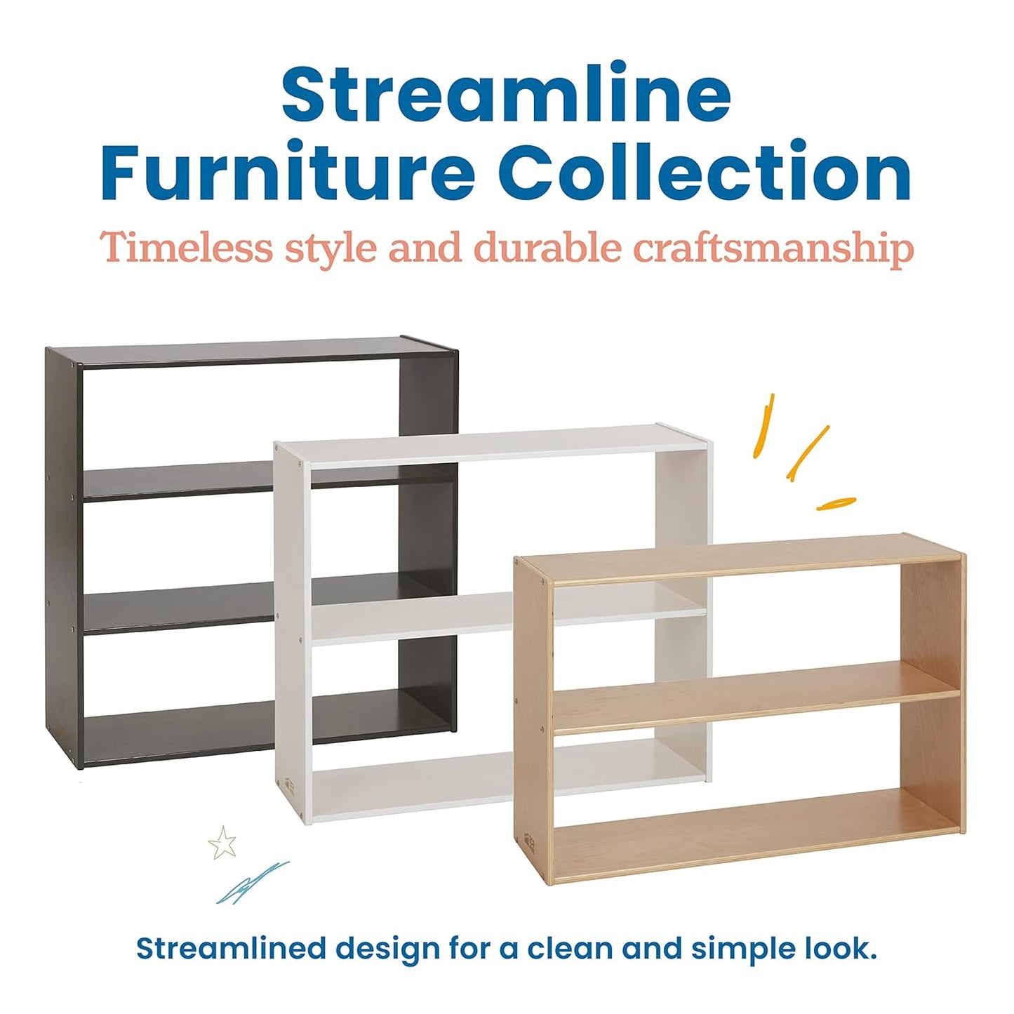 ECR4Kids Streamline 2-Shelf Double-Sided Storage Cabinet, 24in, Classroom Furniture, Grey Wash
