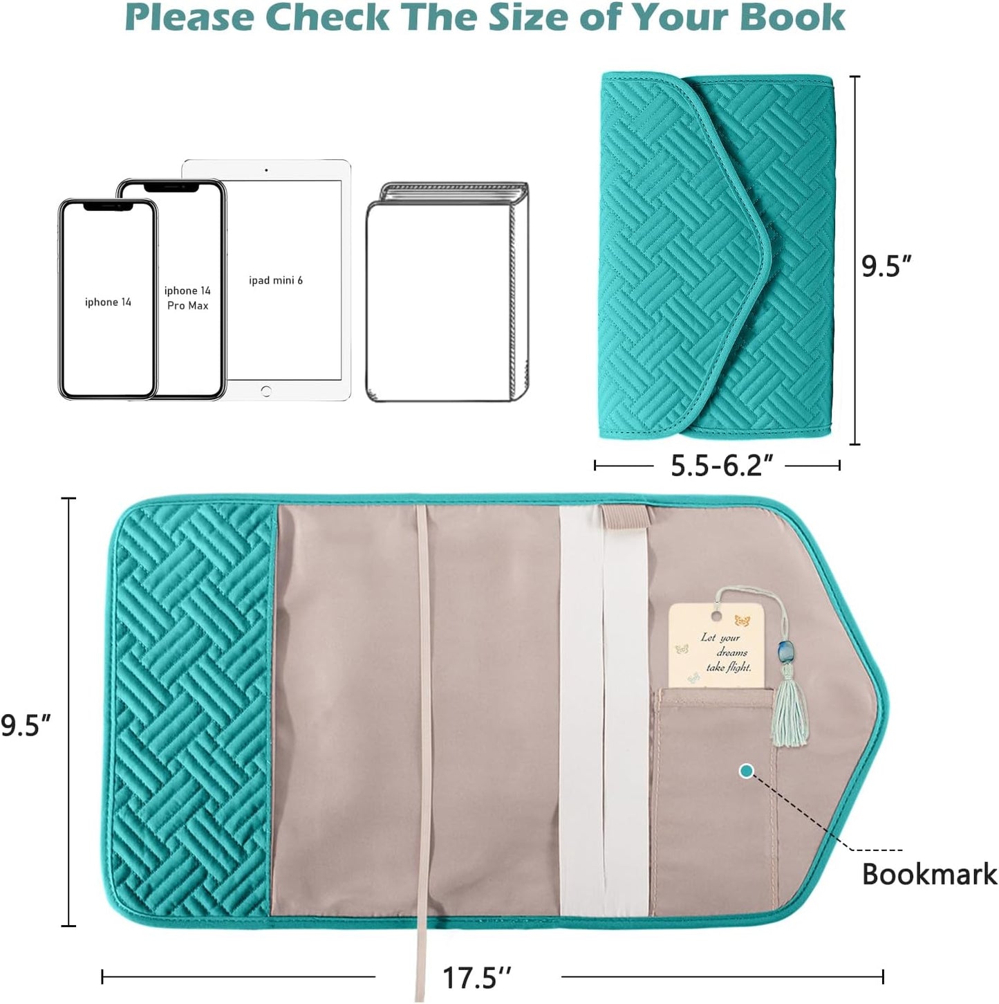 Reusable Book Cover with Magnet Closure - Adjustable Book Sleeve for Book Lovers Gift - Book Protector for Paperback -Book Covers for Hardcover - Book Pouch - Book Carrier Teal AM491