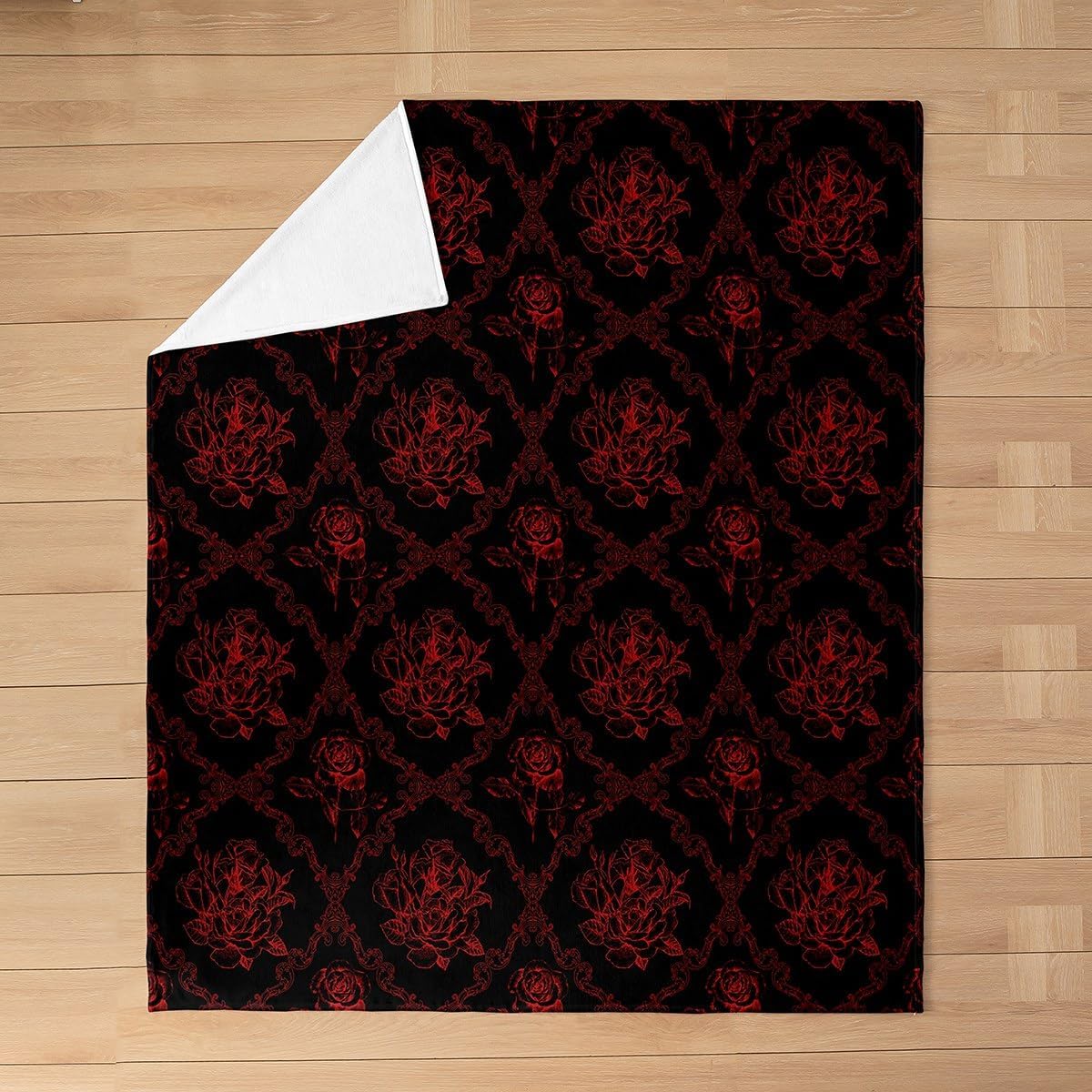 Feelyou Adults Gothic Fleece Throw Blanket Twin 60"x80" Vintage Rose Plush Blanket for Sofa Couch Red Black Damask Fuzzy Blanket Luxury Floral Flower Room Decorations