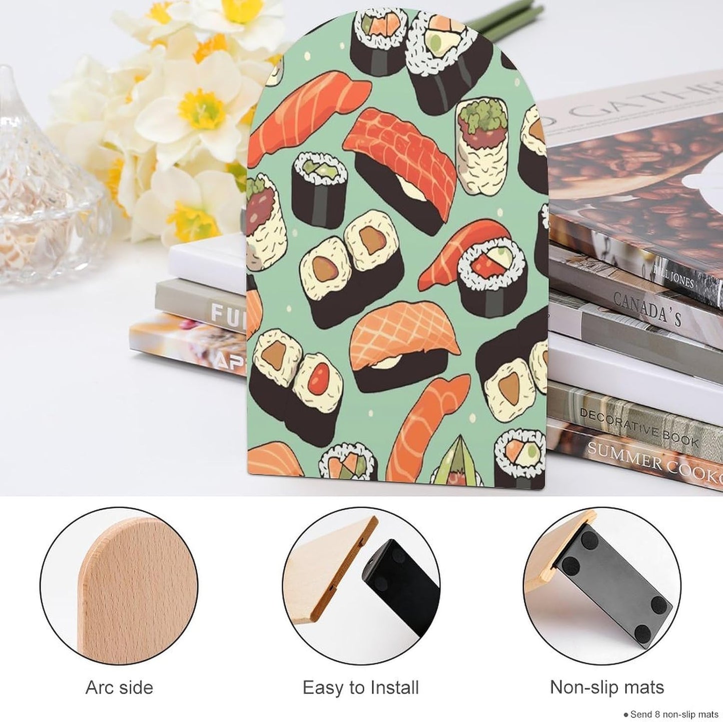 Non-Slip Bookend for Shelves Sushi Food Pattern Wooden Bookends with Metal Base Decorative Book Stopper for Home Heavy Duty Wood Book Storage for Books/CDs
