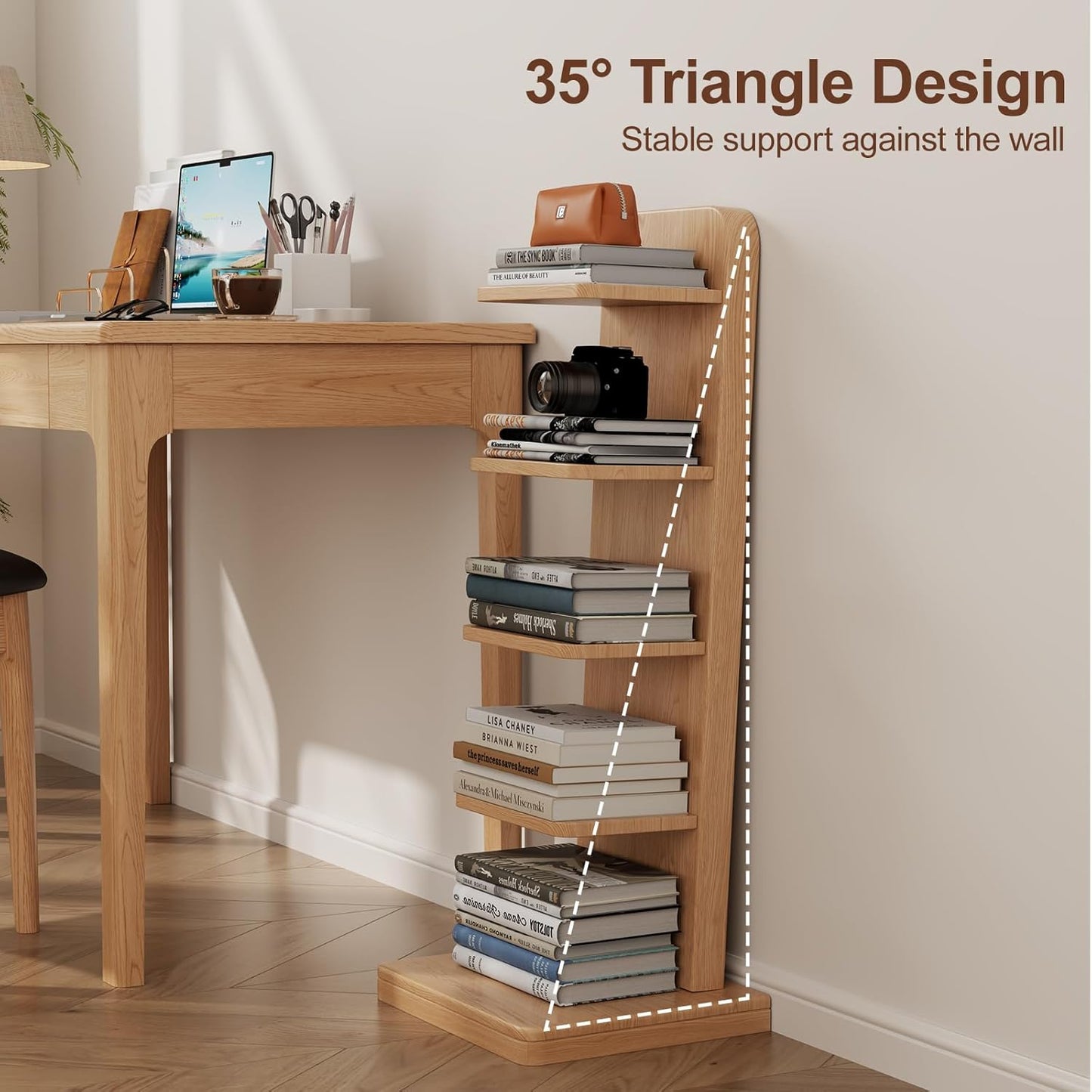 WoodsWhisper Soild Wood Narrow Book Shelf, 5 Shelf Small Space Bookshelf, Corner Ladder Bookshelf, Standing Bookcase for Living Room, Office, Study, Entryway