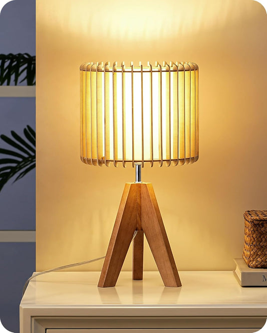 EDISHINE 14.17" Small Table Lamp, Wood Tripod Bedside Lamp, Natural Wood-Colored Hollow & White PVC Shade, E26 Base, Boho Nightstand Lamp for Bedroom, Living Room, Office, Study