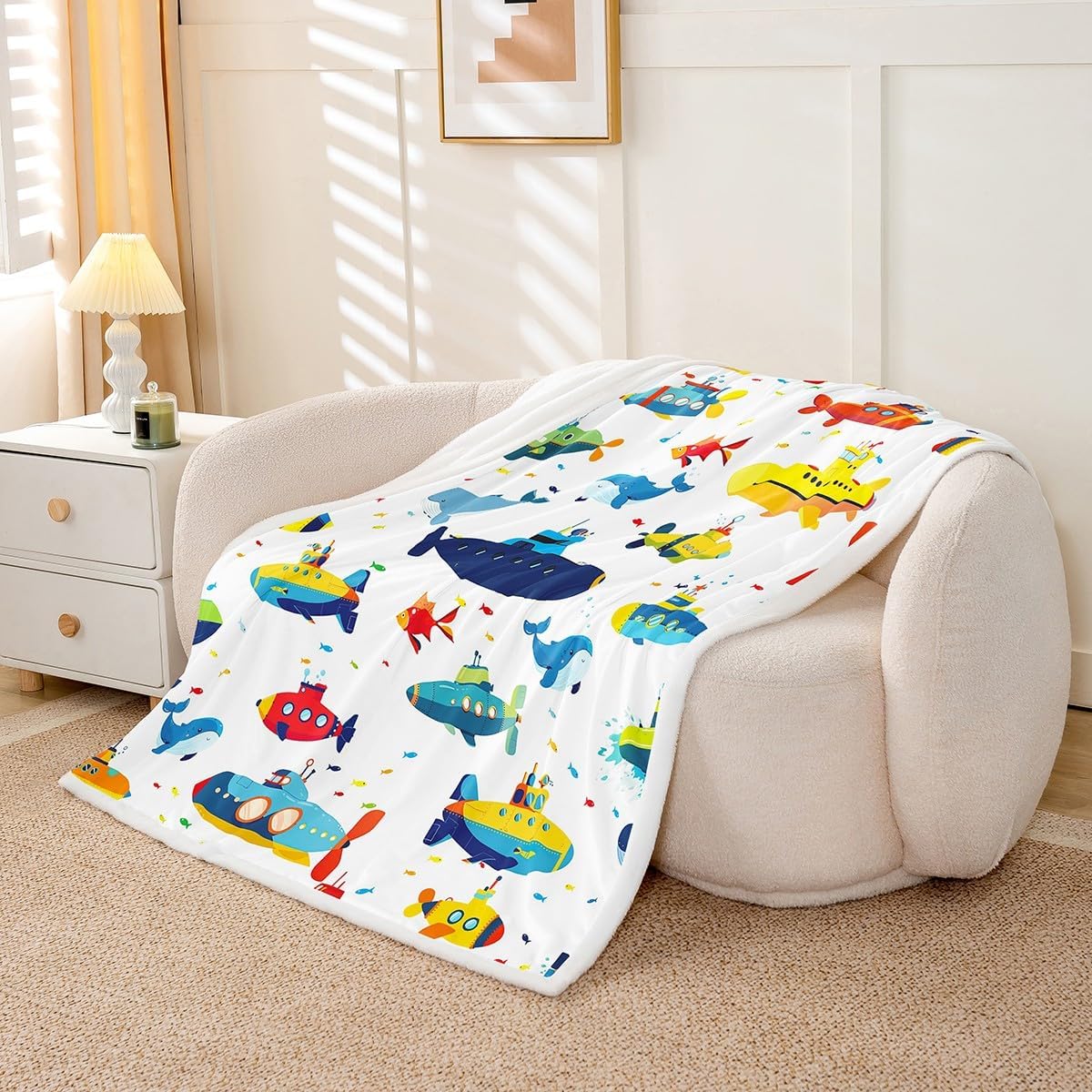 Submarines Bed Blanket Dolphin and Whale Throw Blanket Lightweight Soft Cozy Luxury Underwater World Fleece Blanket Ocean Theme Flannel Blanket for Sofa Bedroom Office Travel All Season(Twin 60"x80")