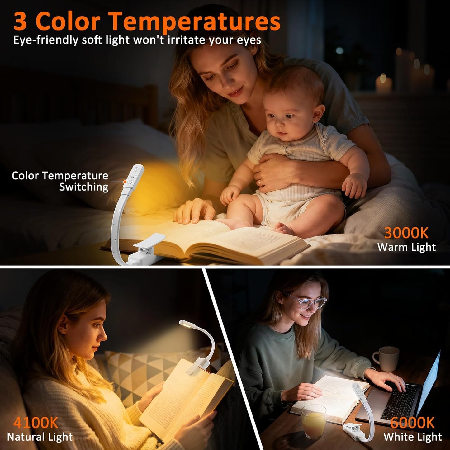 10 Pcs Clip On Reading Light, Rechargeable Book Light with 5 LED 3 Color Temperatures & Stepless Dimming, Portable Bed Lamp (White)