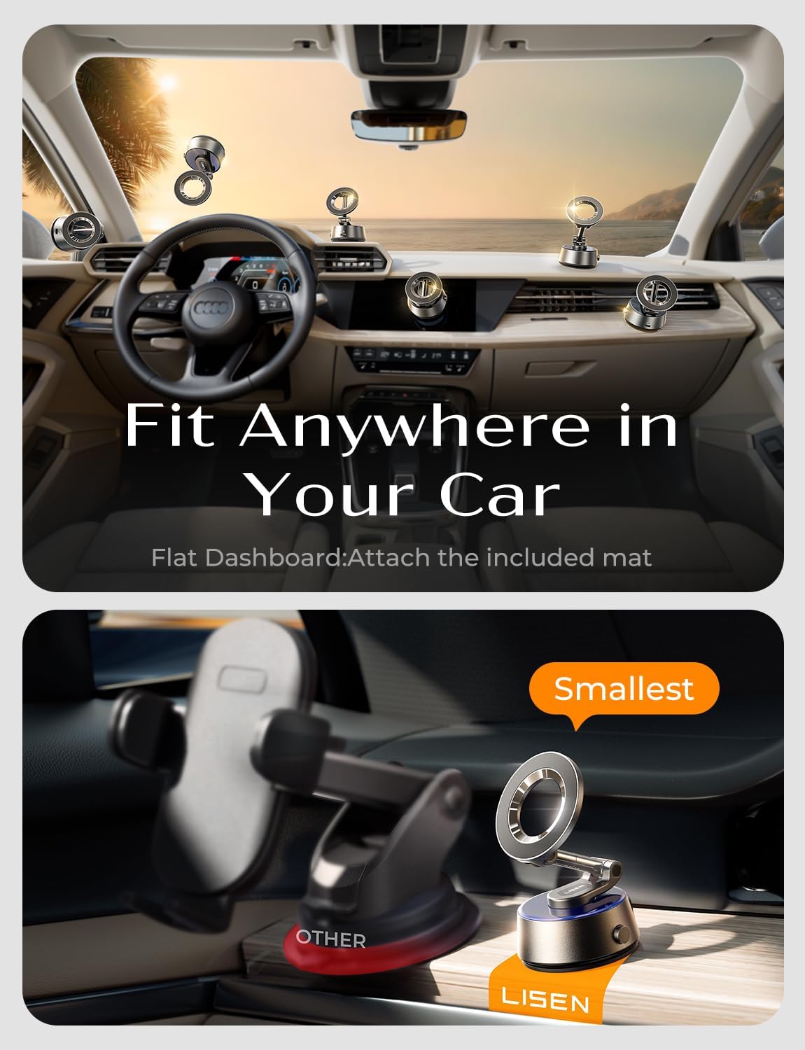 LISEN Suction Phone Mount【2026 Auto Vacuum 3.0】, 360 Adjustable Magnetic Phone Holder for Car Dashboard Universal Magsafe Accessories Gifts for Men Women for iPhone 17 Pro Max Air 16 15 14 13 12