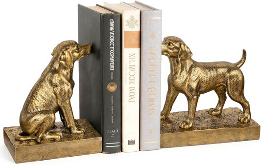 Decorative Bookends for Shelves, Labrador Dog Book Ends for Heavy Books, Lab Dog Statues Bookends for Heavy Books with Anti-Slip Base Book Holders for Home Office Decor (Gold)