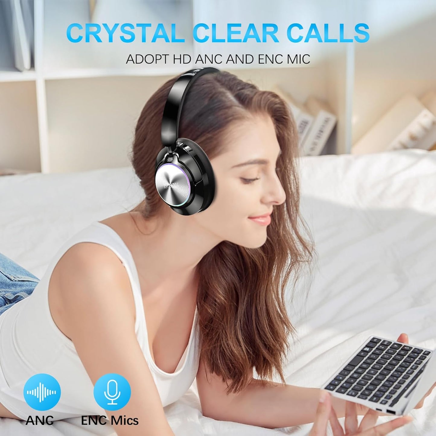 Noise Cancelling Over Ear Wireless Bluetooth Headphones with Microphone, 65h Playtime, Clear Calls, Comfort Fit for Travel (Beige)