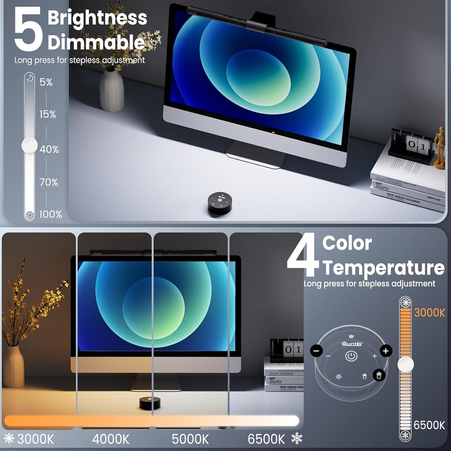 Quntis Computer Monitor Lamp, Screen Monitor Light Bar for Eye Caring, USB Reading LED Task Lamp with Auto-Dimming, Dimmable Light Bar, Touch Control, No Glare Space Saving Home Office Desk Lamps