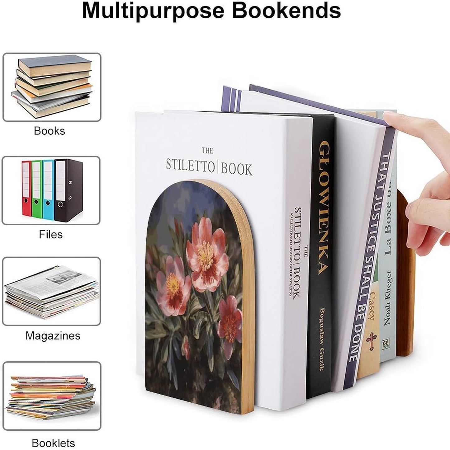 Spring Flower Bookend for Shelves Wooden Book End Large Size Sturdy Book Holders Stoppers with Metal Base for Bookshelves Slick Decorative Bookends Stands